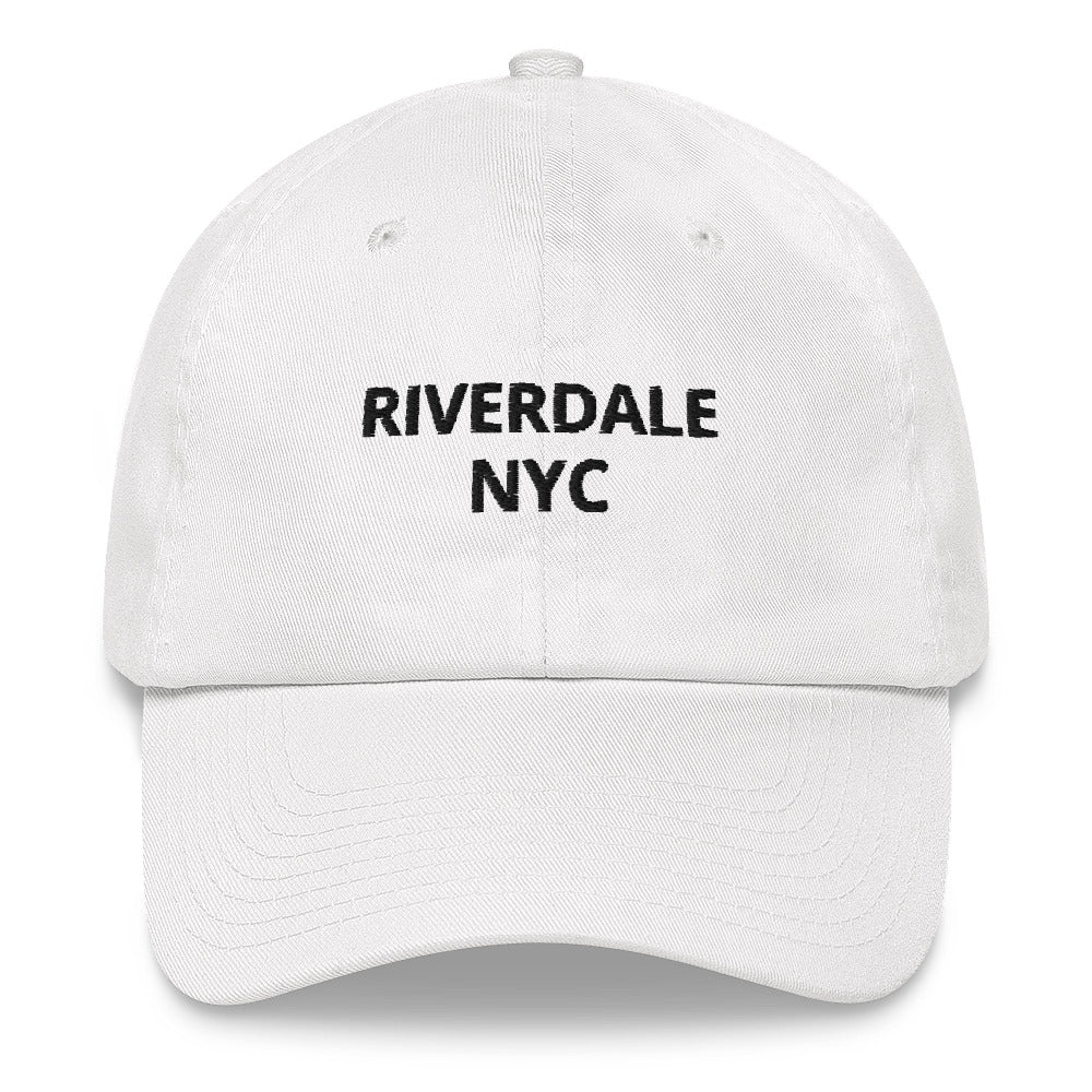 Dad hat(white) with "RiverdaleNYC" in front and logo on the back