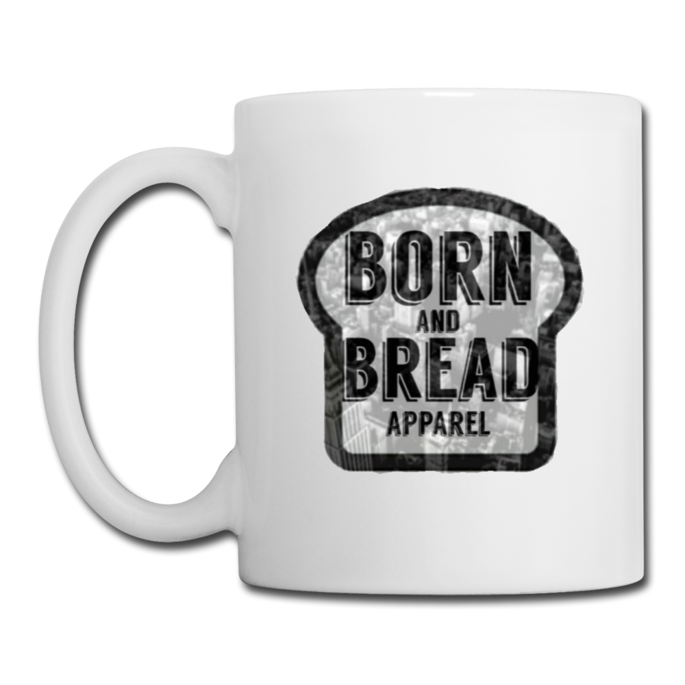 Coffee/Tea Mug with Born and Bread Apparel logo(city background) - white