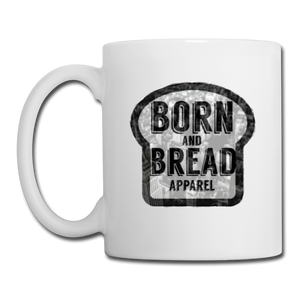 Coffee/Tea Mug with Born and Bread Apparel logo(city background) - white