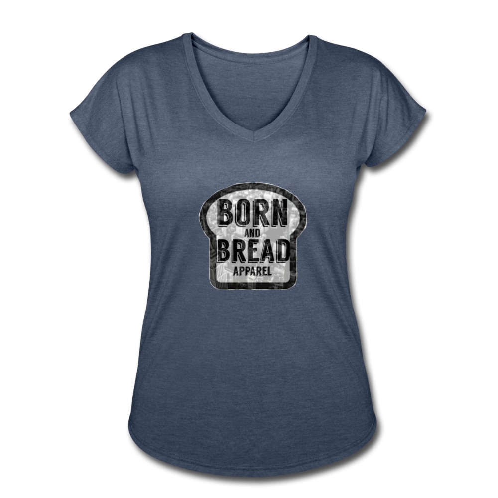 Women's Tri-Blend V-Neck T-Shirt with Born and Bread logo in front - navy heather