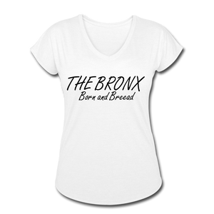 Women's Tri-Blend V-Neck T-Shirt with "The Bronx Born and Bread" in front and logo on the back - white
