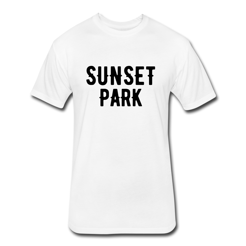 Fitted Cotton/Poly T-Shirt by Next Level with "Sunset Park" in front and logo on the back - white