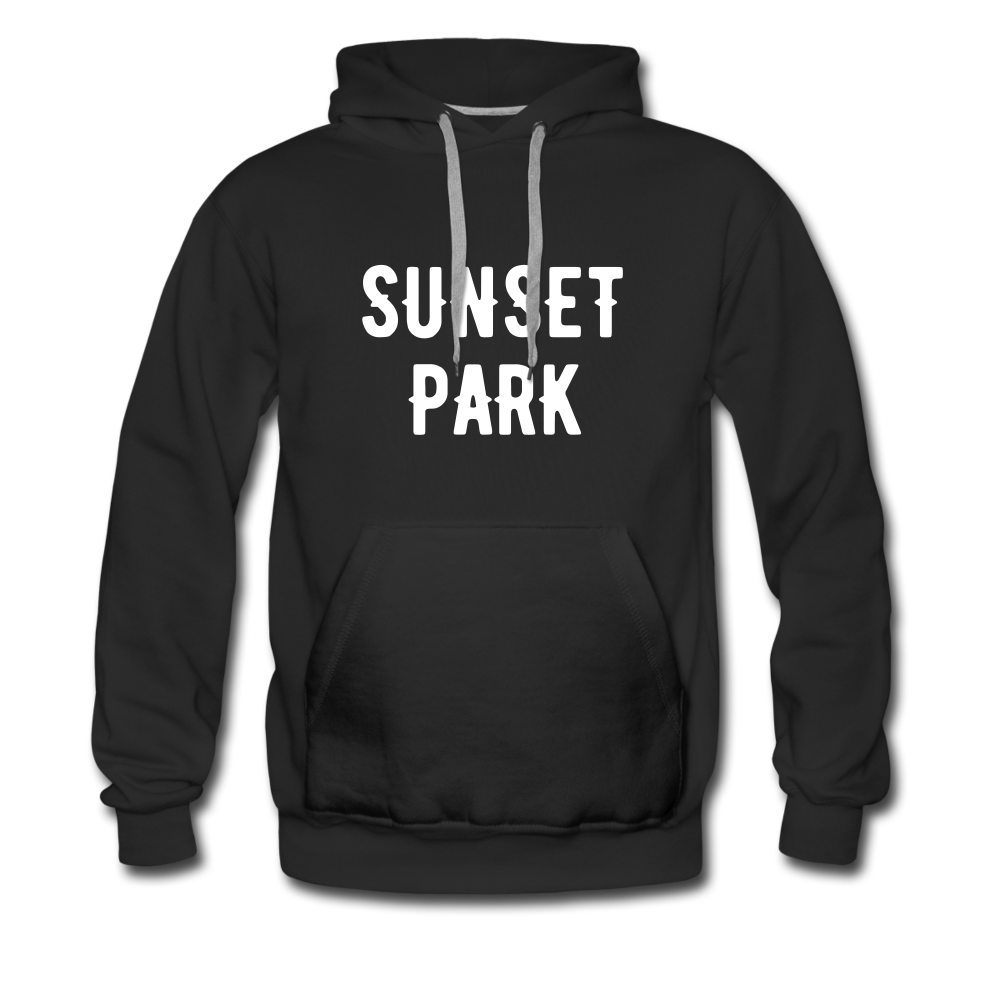 Men’s Premium Hoodie with "Sunset Park" in front and Born and Bread Apparel logo on the back - black