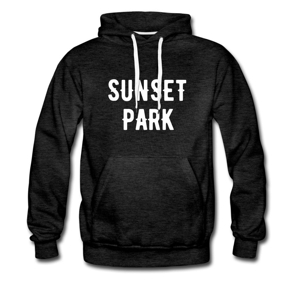 Men’s Premium Hoodie with "Sunset Park" in front and Born and Bread Apparel logo on the back - charcoal gray