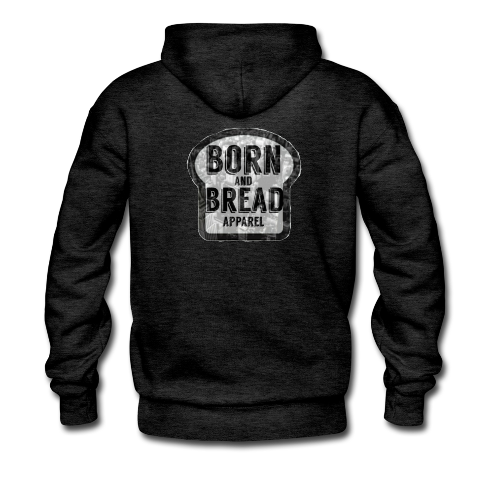 Men’s Premium Hoodie with "Sunset Park" in front and Born and Bread Apparel logo on the back - charcoal gray