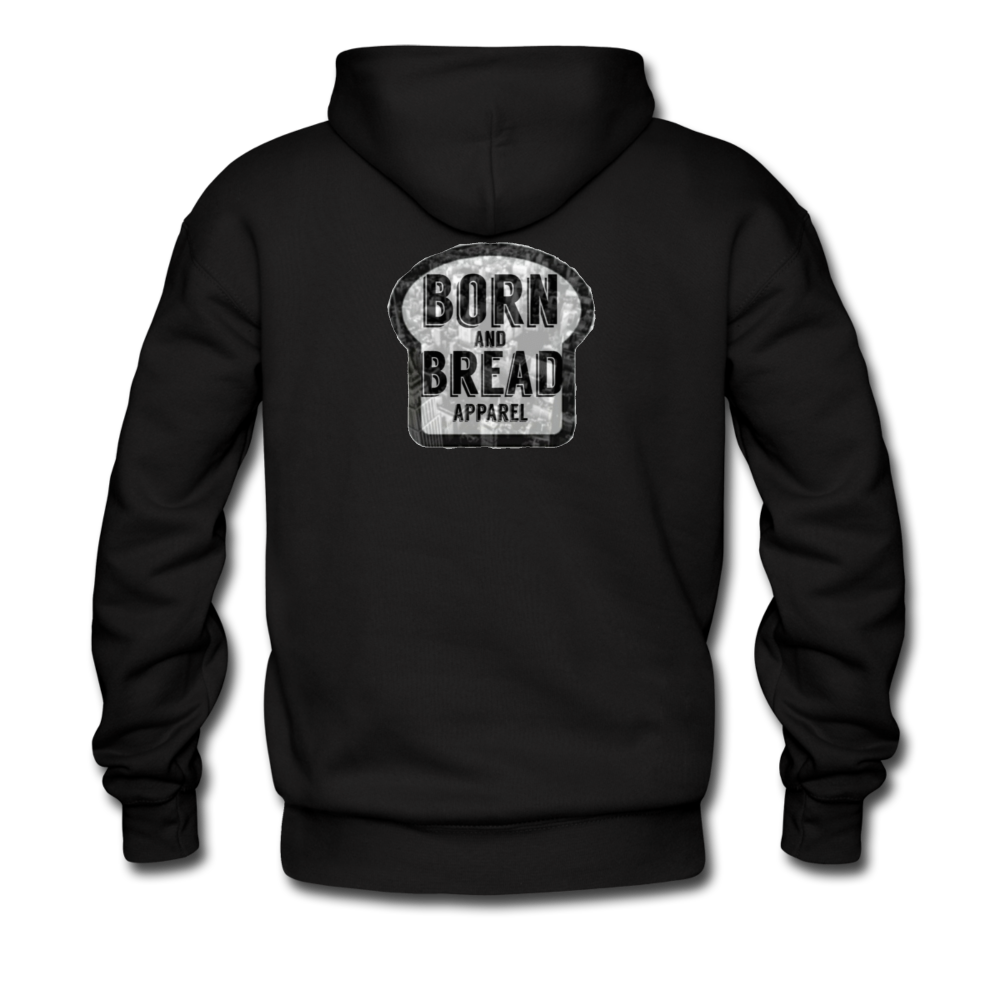 Men's Hoodie with "HARLEM" in front and Born and Bread Apparel logo on the back - black