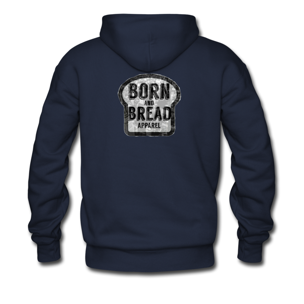 Men's Hoodie with "HARLEM" in front and Born and Bread Apparel logo on the back - navy