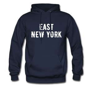 Men's Hoodie with "East New York" in front and Born and Bread Apparel logo on the back - navy