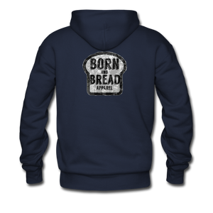 Men's Hoodie with "East New York" in front and Born and Bread Apparel logo on the back - navy