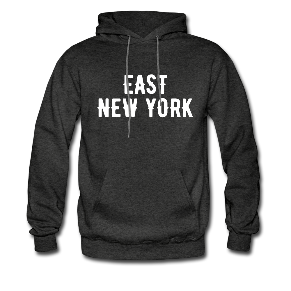 Men's Hoodie with "East New York" in front and Born and Bread Apparel logo on the back - charcoal gray
