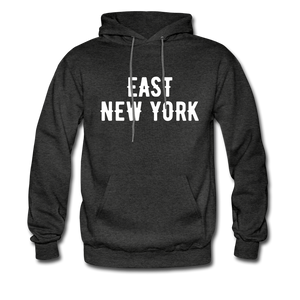 Men's Hoodie with "East New York" in front and Born and Bread Apparel logo on the back - charcoal gray