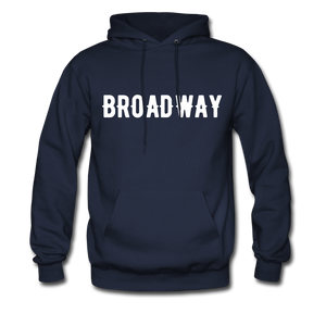 Men's Hoodie with "Broadway" in front and Born and Bread Apparel logo on the back - navy