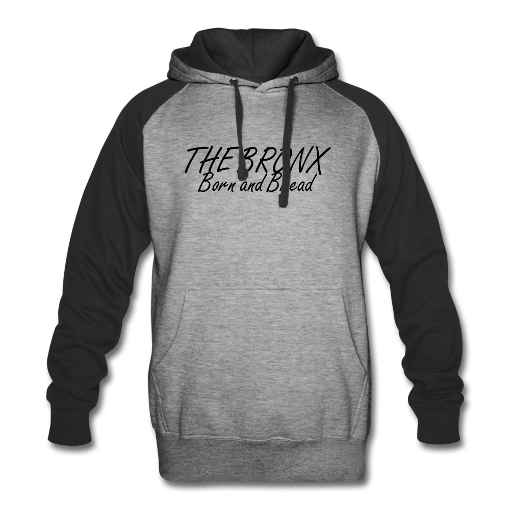 Colorblock Hoodie with "Born and Bread The Bronx" in front and logo on the back - heather gray/black