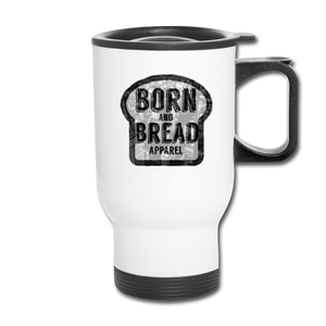 Travel Mug with Born and Bread Apparel logo(city background) - white