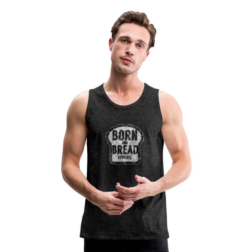 Men’s Premium Tank with Born and Bread Apparel logo in front - charcoal gray