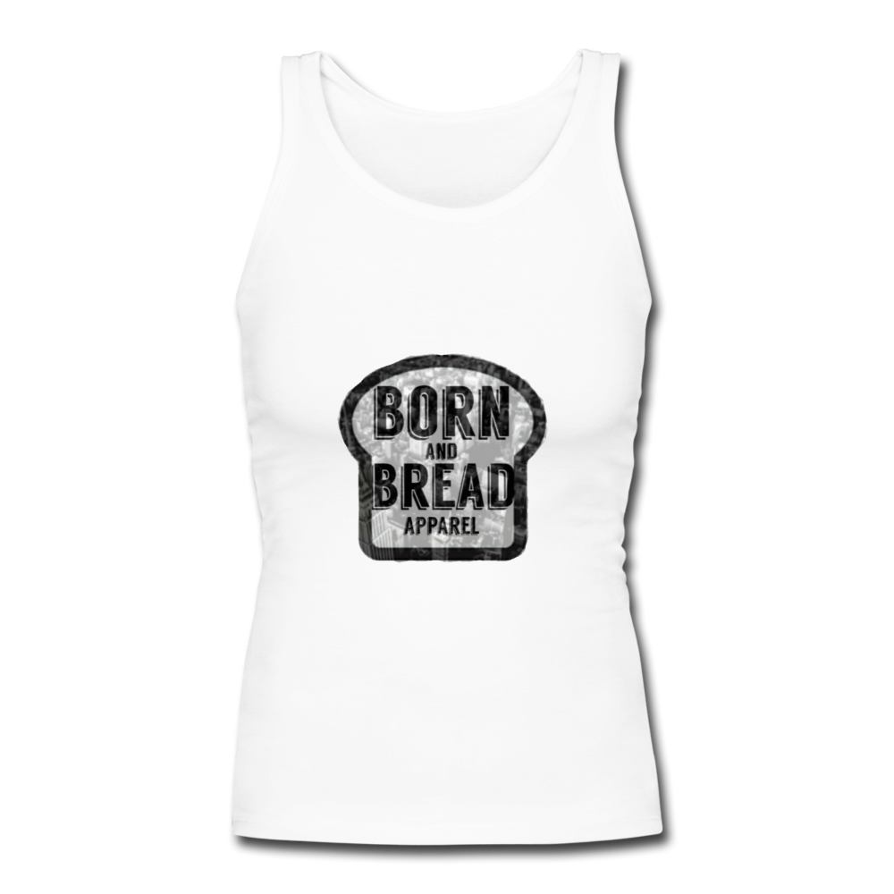 Women's Longer Length Fitted Tank with Born and Bread logo in front - white