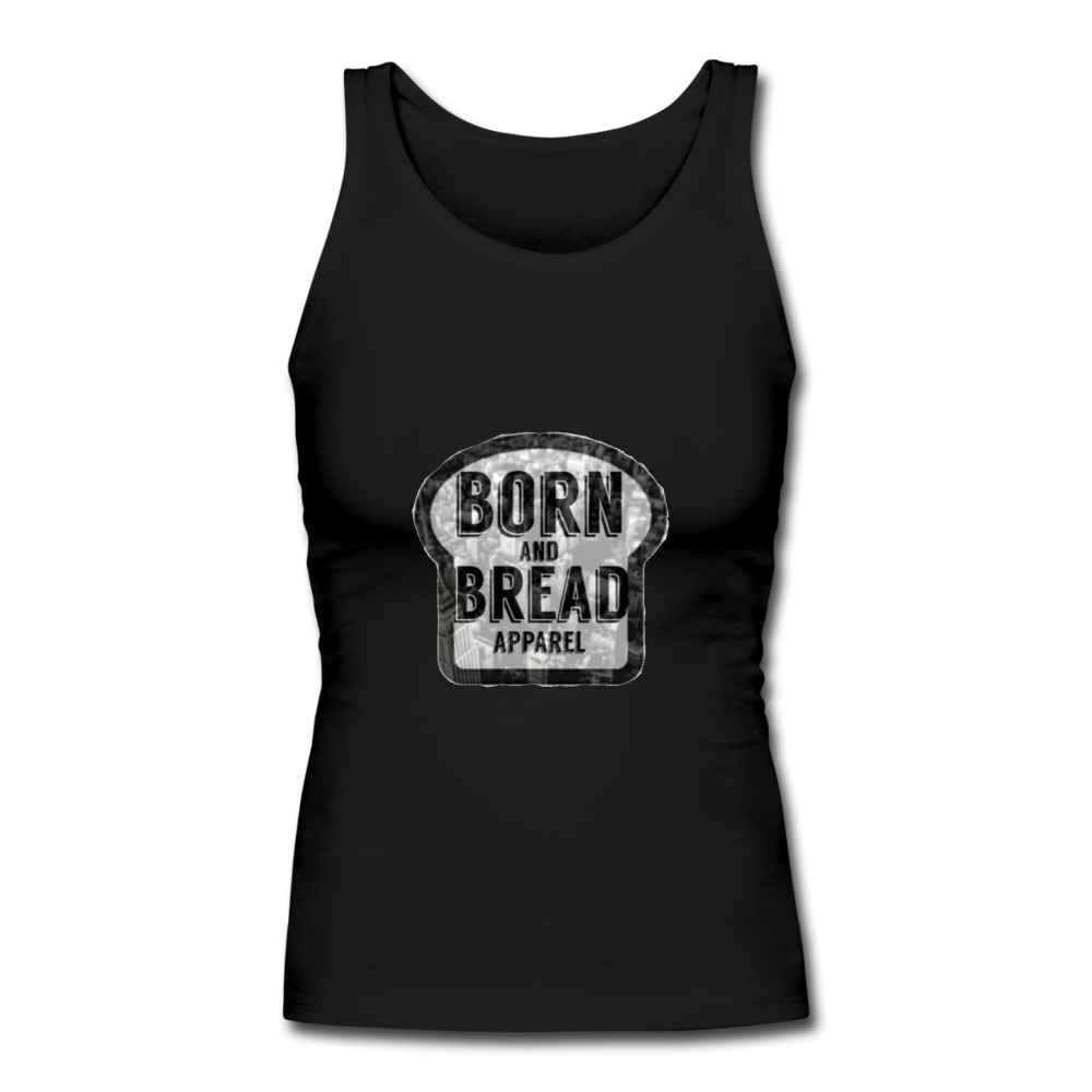 Women's Longer Length Fitted Tank with Born and Bread logo in front - black