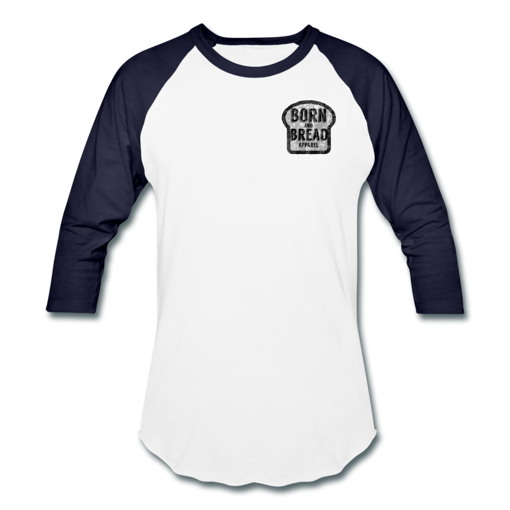 Unisex Baseball T-Shirt with Born and Bread Apparel logo on chest (left side) - white/navy