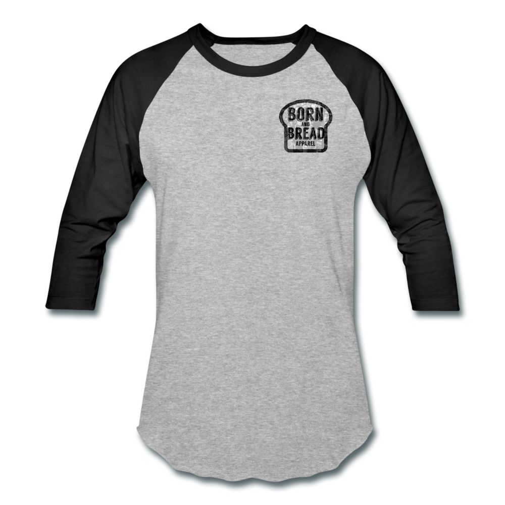 Unisex Baseball T-Shirt with Born and Bread Apparel logo on chest (left side) - heather gray/black