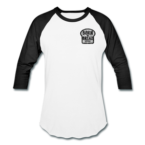 Unisex Baseball T-Shirt with Born and Bread Apparel logo on chest (left side) - white/black
