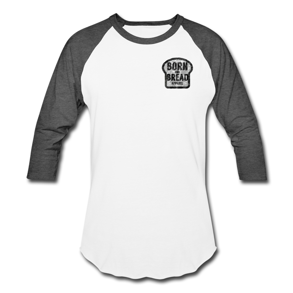 Unisex Baseball T-Shirt with Born and Bread Apparel logo on chest (left side) - white/charcoal