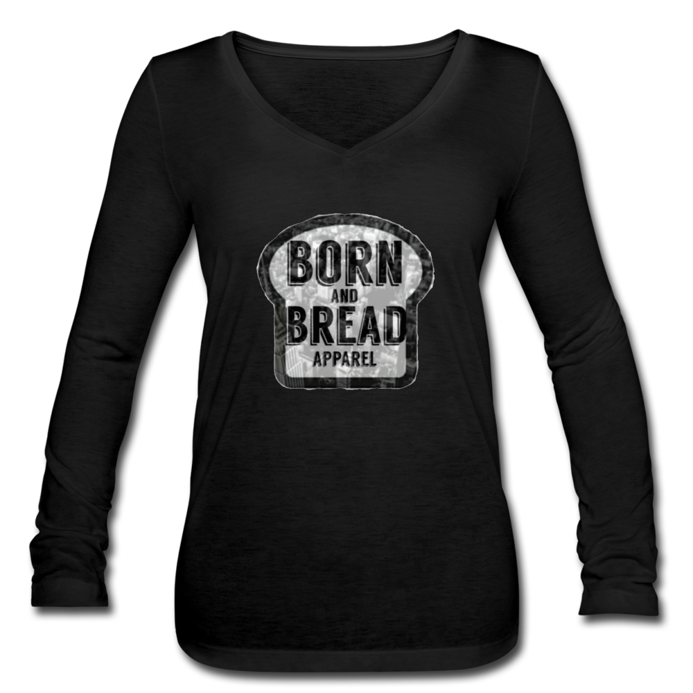 Women’s Long Sleeve  V-Neck Flowy Tee with Born and Bread Apparel logo in front - black