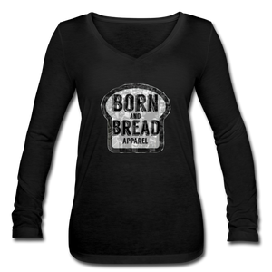 Women’s Long Sleeve  V-Neck Flowy Tee with Born and Bread Apparel logo in front - black