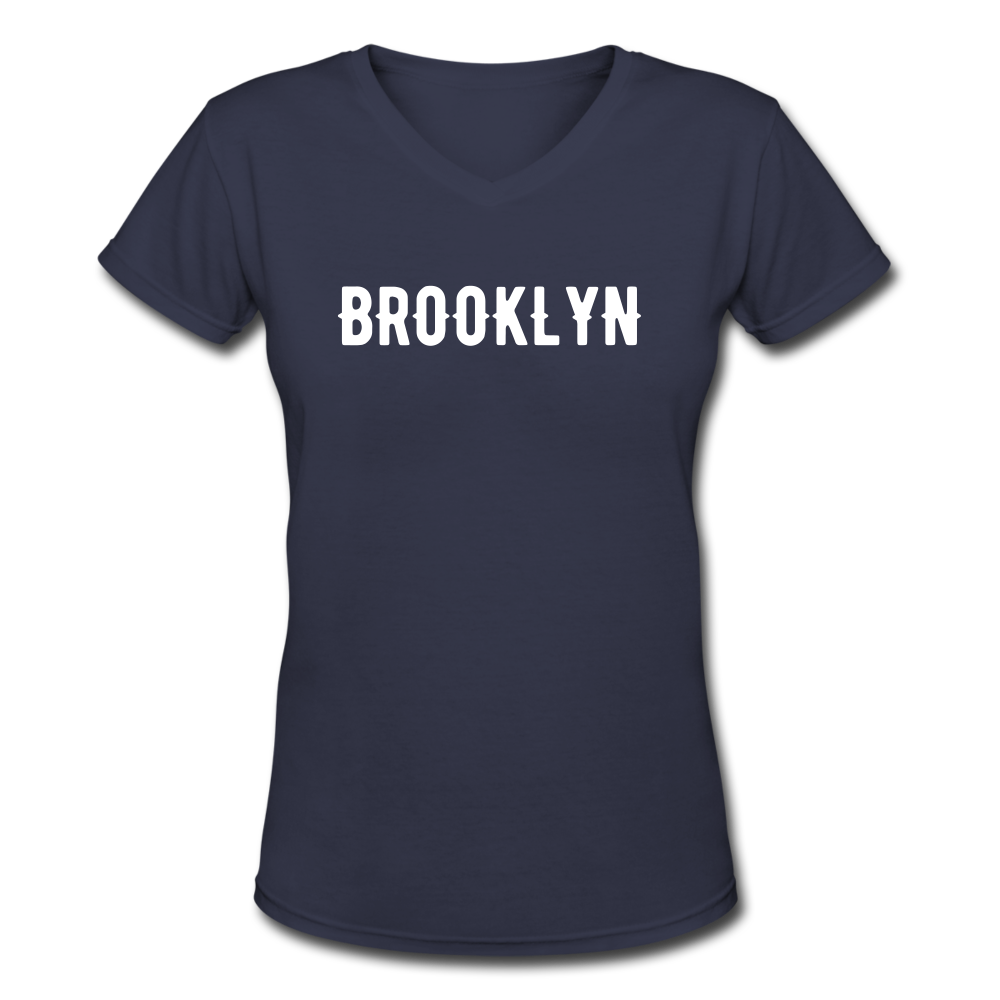 Women's V-Neck T-Shirt with "Brooklyn" in front and logo on the back - navy