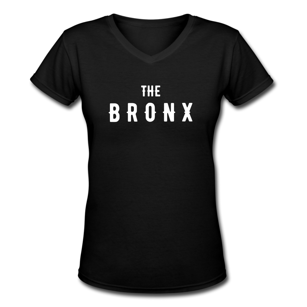 Women's V-Neck T-Shirt with "The Bronx" in front and logo on the back - black