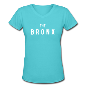 Women's V-Neck T-Shirt with "The Bronx" in front and logo on the back - aqua
