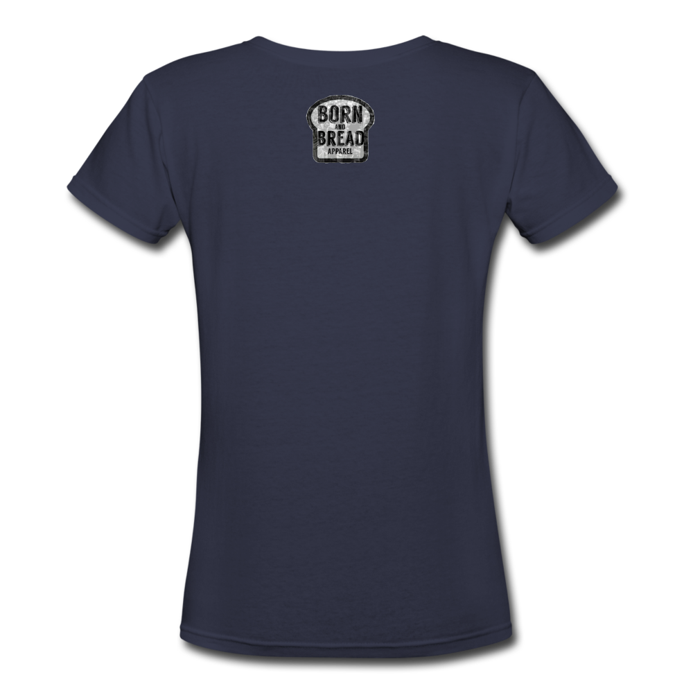 Women's V-Neck T-Shirt with "The Bronx" in front and logo on the back - navy