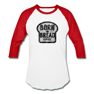 Baseball T-Shirt with Born and Bread Apparel logo in front - white/red